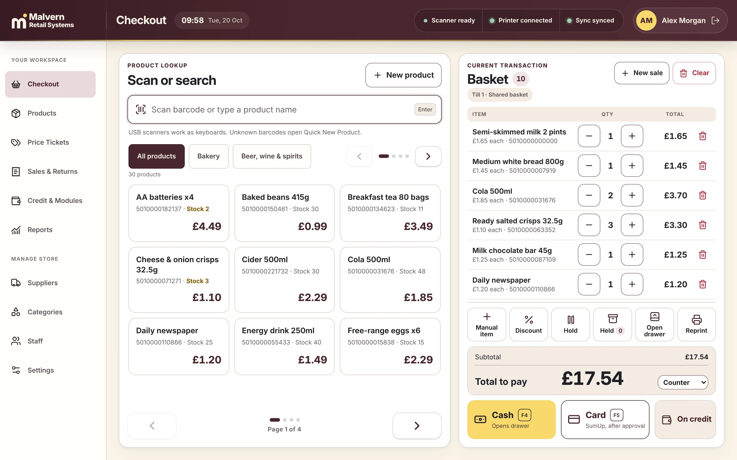 Malvern POS checkout screen with a basket of everyday shop items totalling £17.54 and cash, card and on-credit payment buttons