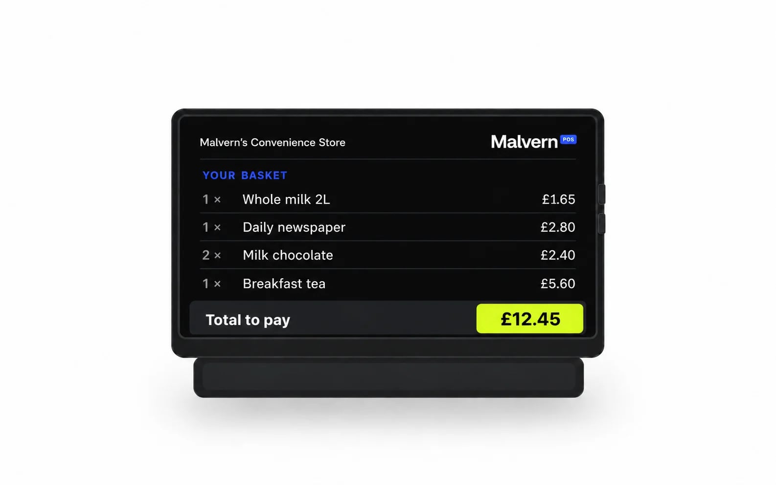 7-inch customer display with a black screen, white shop name, Malvern branding, item list and a compact Volt total bar; plain black bezel