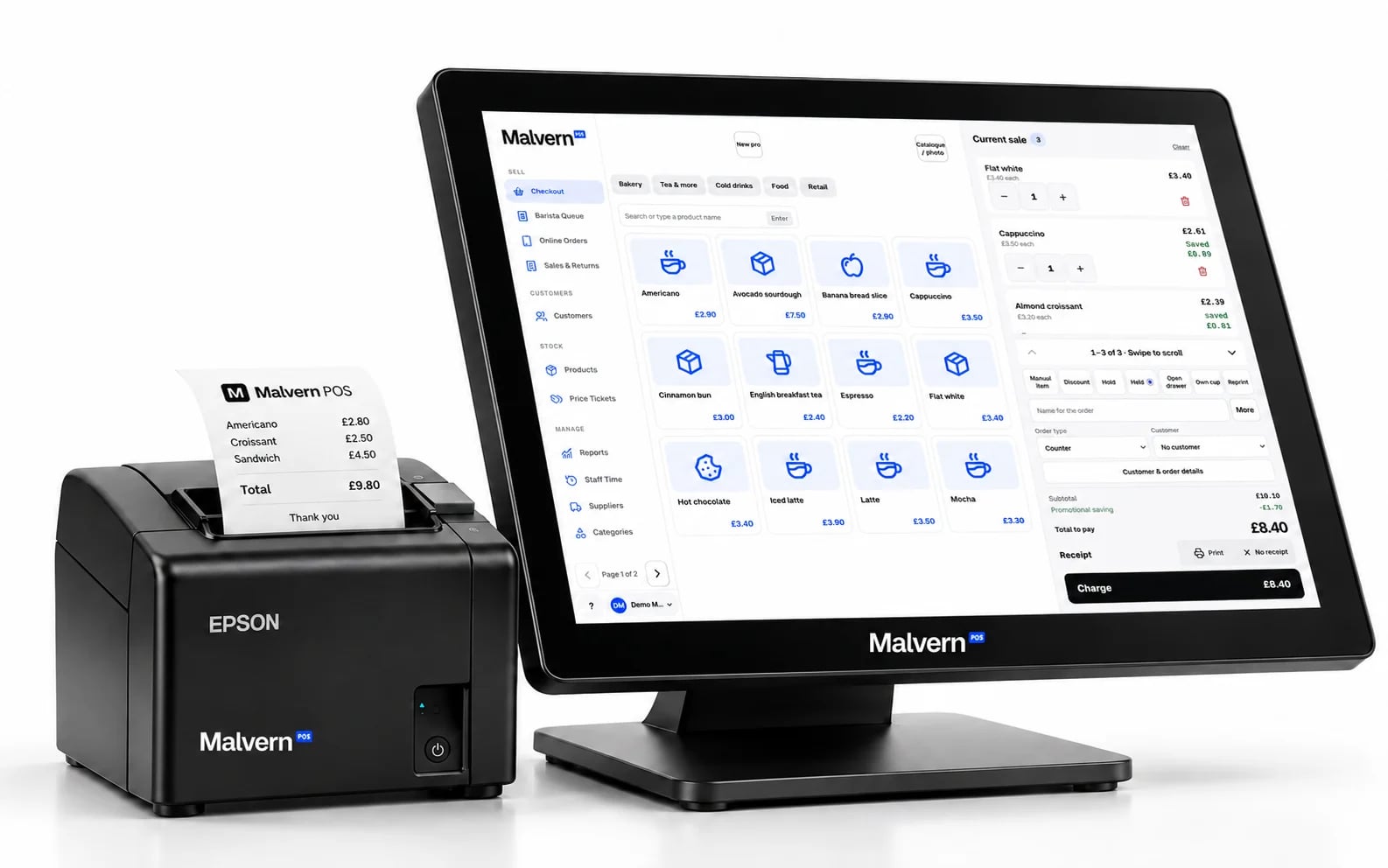 Malvern POS touchscreen till and Epson receipt printer, with the full Malvern logo visible within the monitor
