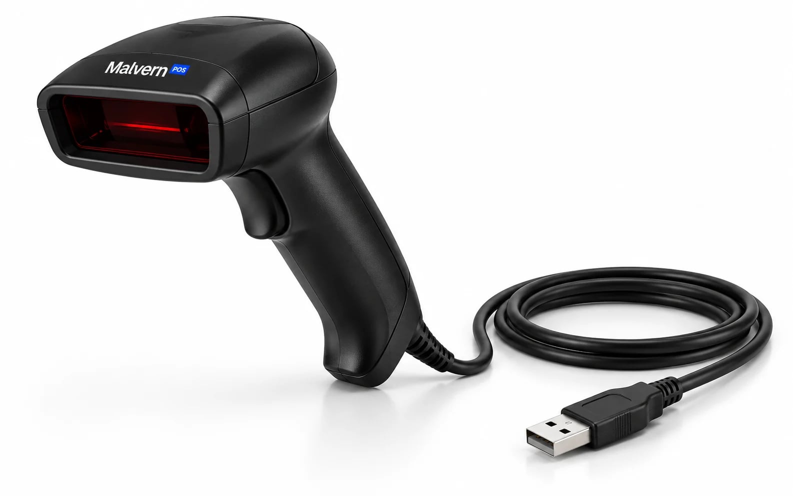 Black wired USB barcode scanner with the white Malvern logo and blue POS badge printed directly on the casing