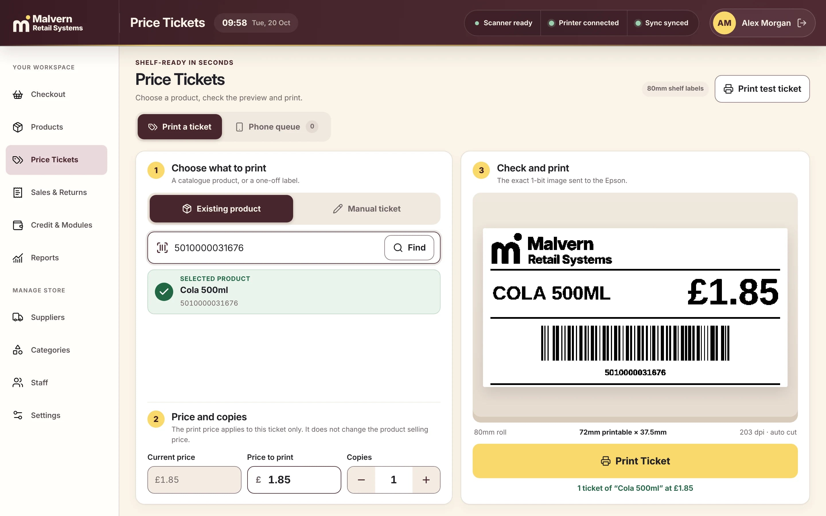 Malvern POS price ticket screen previewing an 80mm shelf ticket for Cola 500ml at £1.85 with a barcode