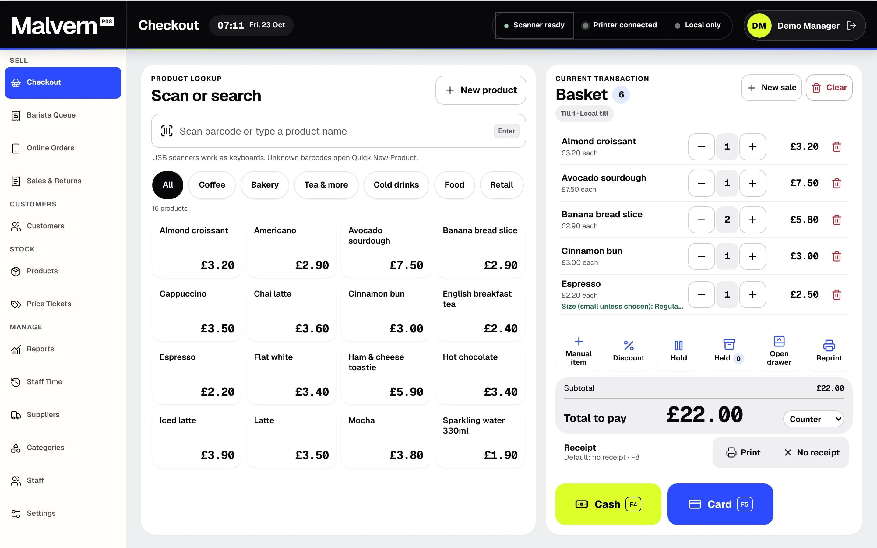 Malvern POS Coffee Shop checkout with coffees, a pastry and drinks in the basket, and cash and card payment buttons