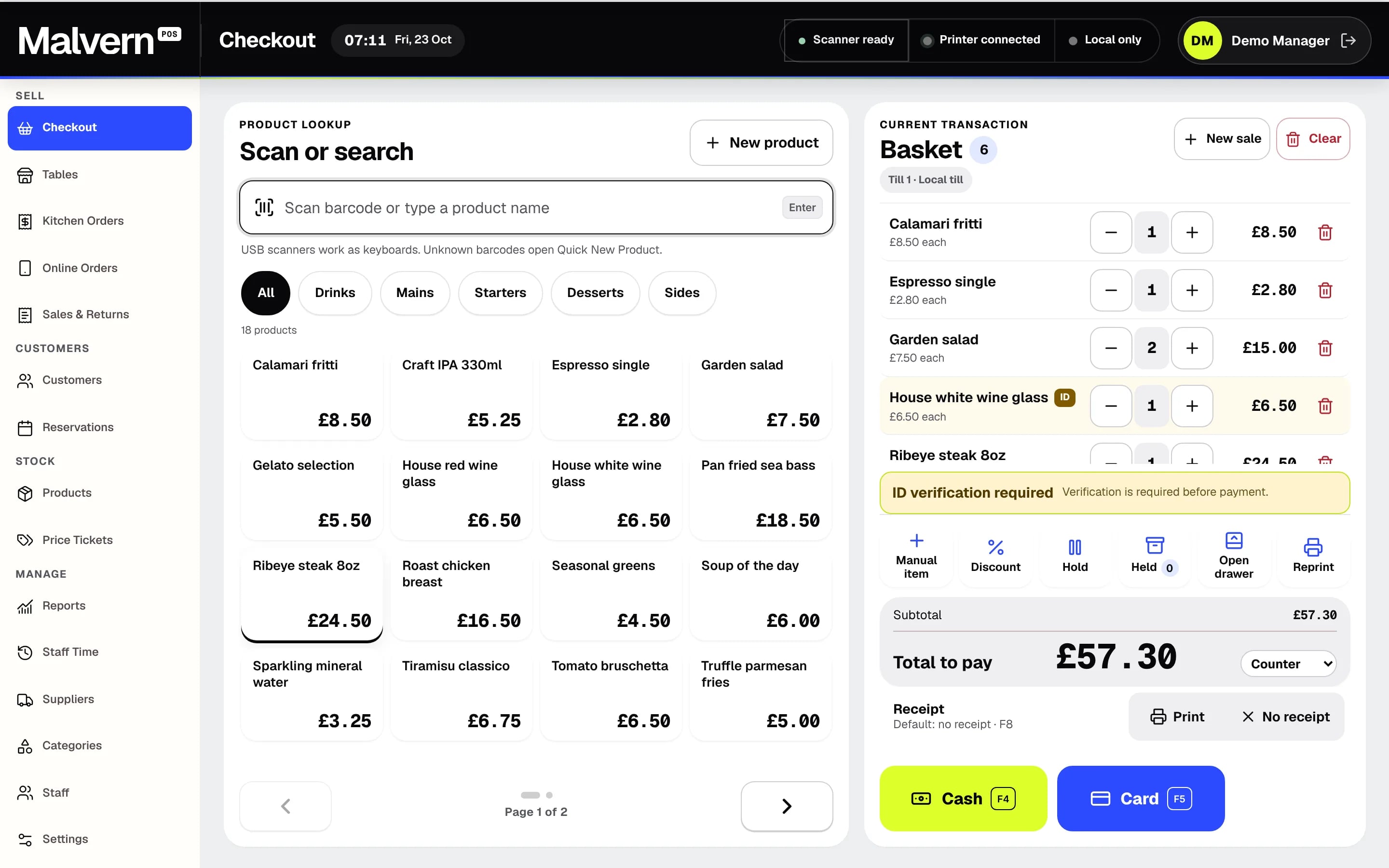 Malvern POS Restaurant checkout with dishes and drinks in the basket and the order type selector
