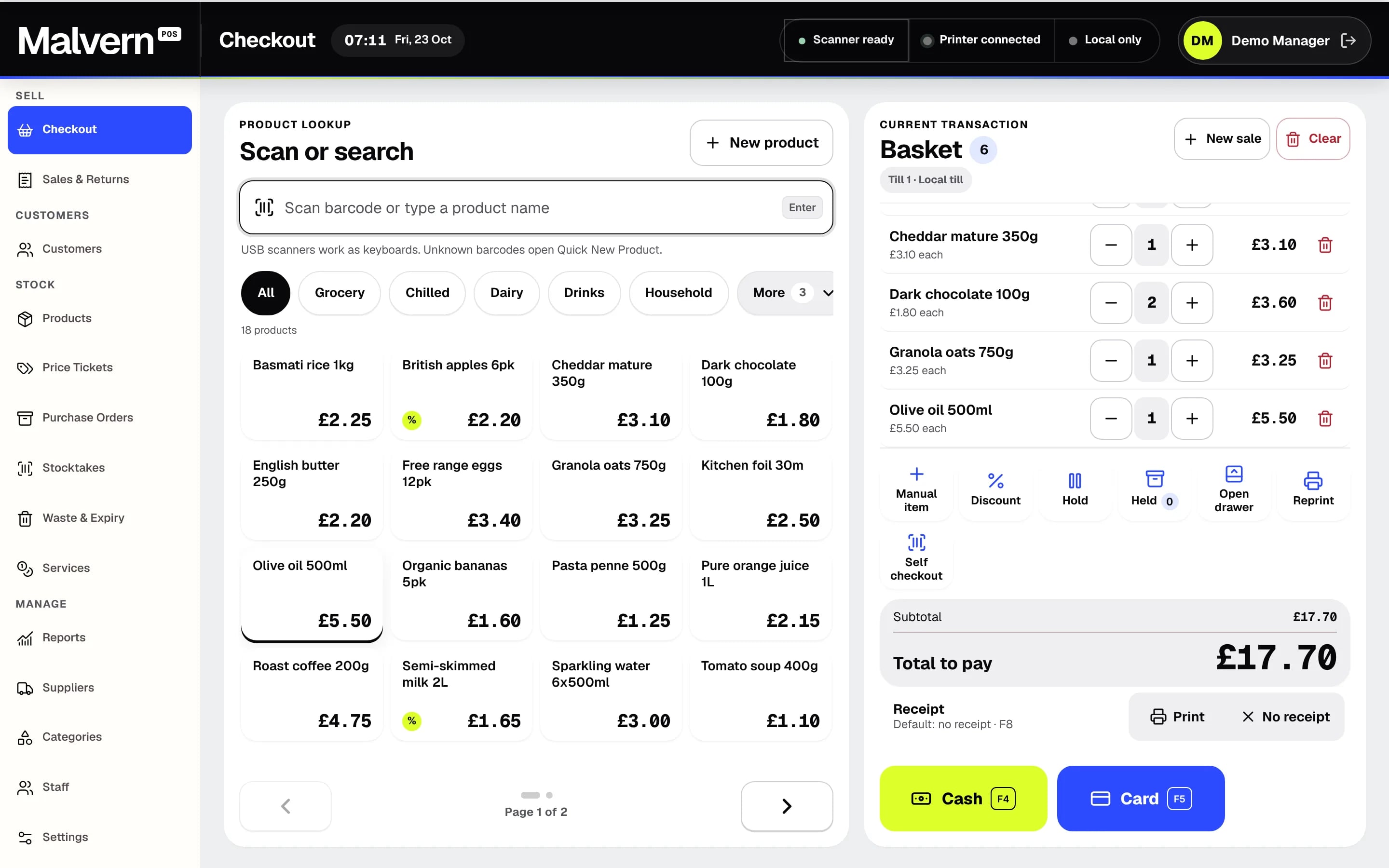 Malvern POS Supermarket checkout with groceries in the basket and cash and card payment buttons