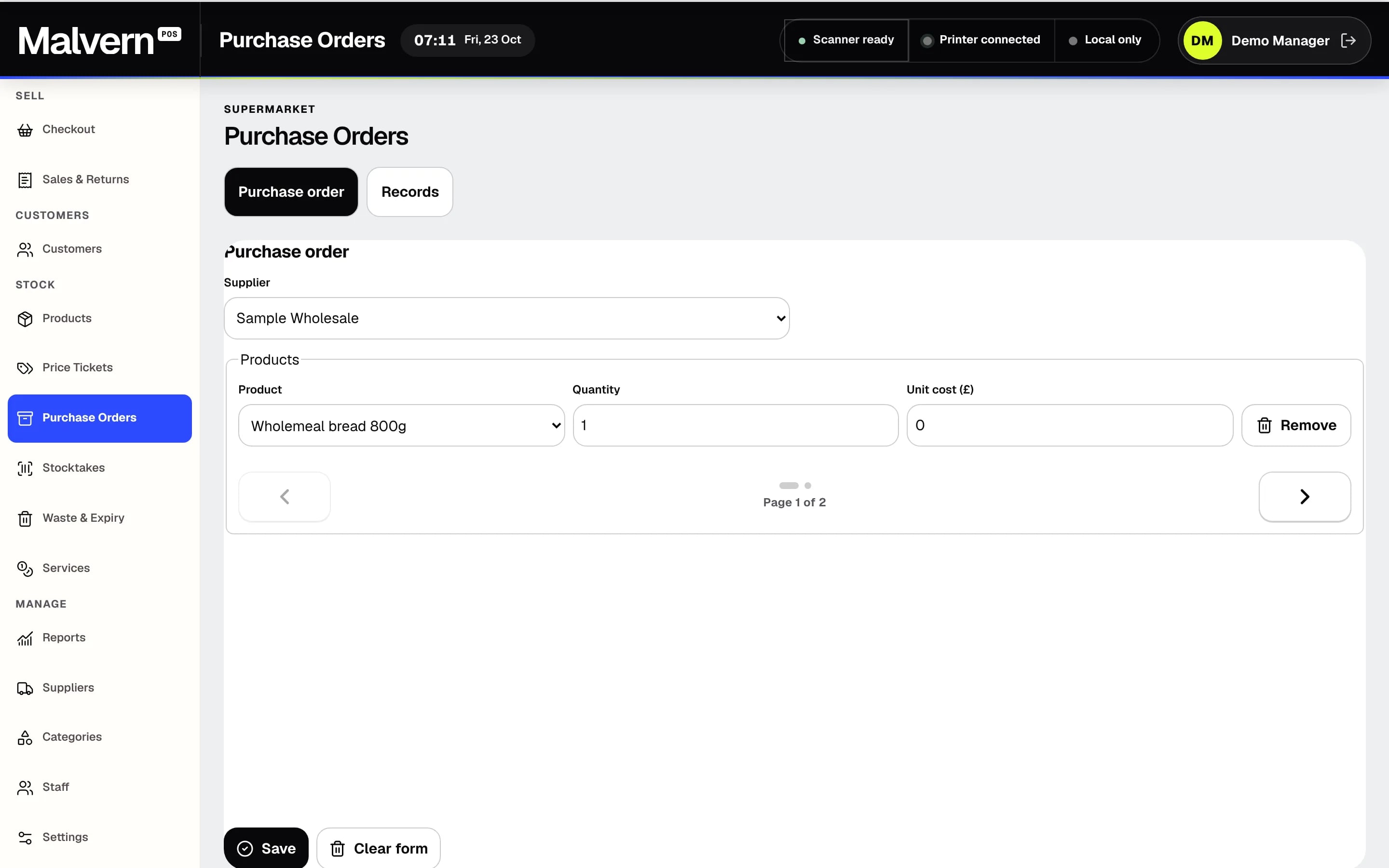 Malvern POS Supermarket purchase orders screen with a submitted supplier order and a delivery being received against it