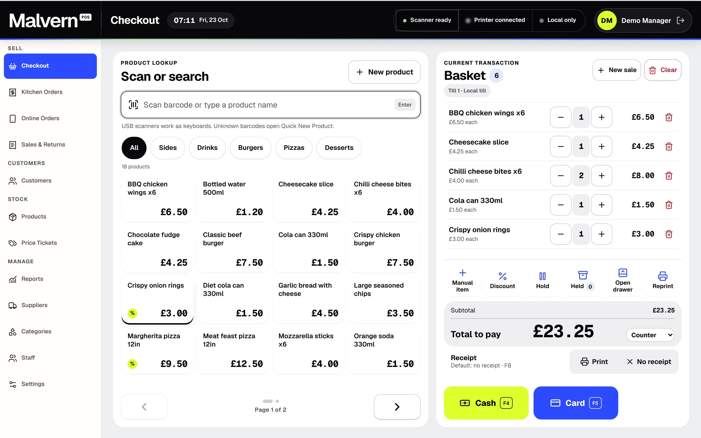 Malvern POS Takeaway checkout with burgers, sides and drinks in the basket and the order type selector