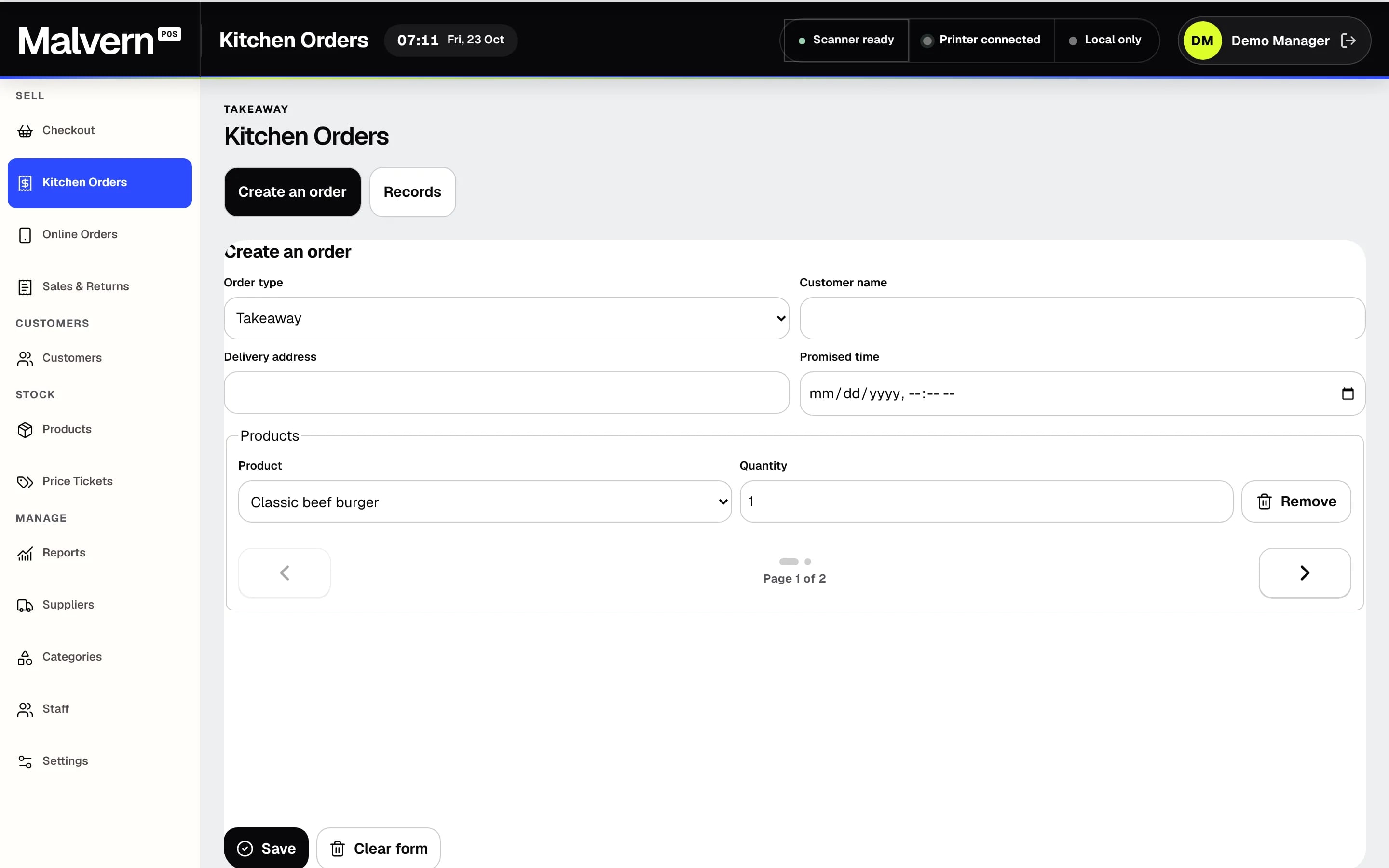 Malvern POS Takeaway kitchen orders screen with an order form and a new collection order for a sample customer