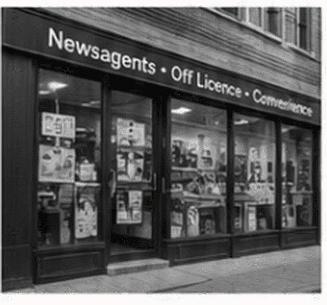 Illustrative independent newsagent storefront, not a verified customer photograph